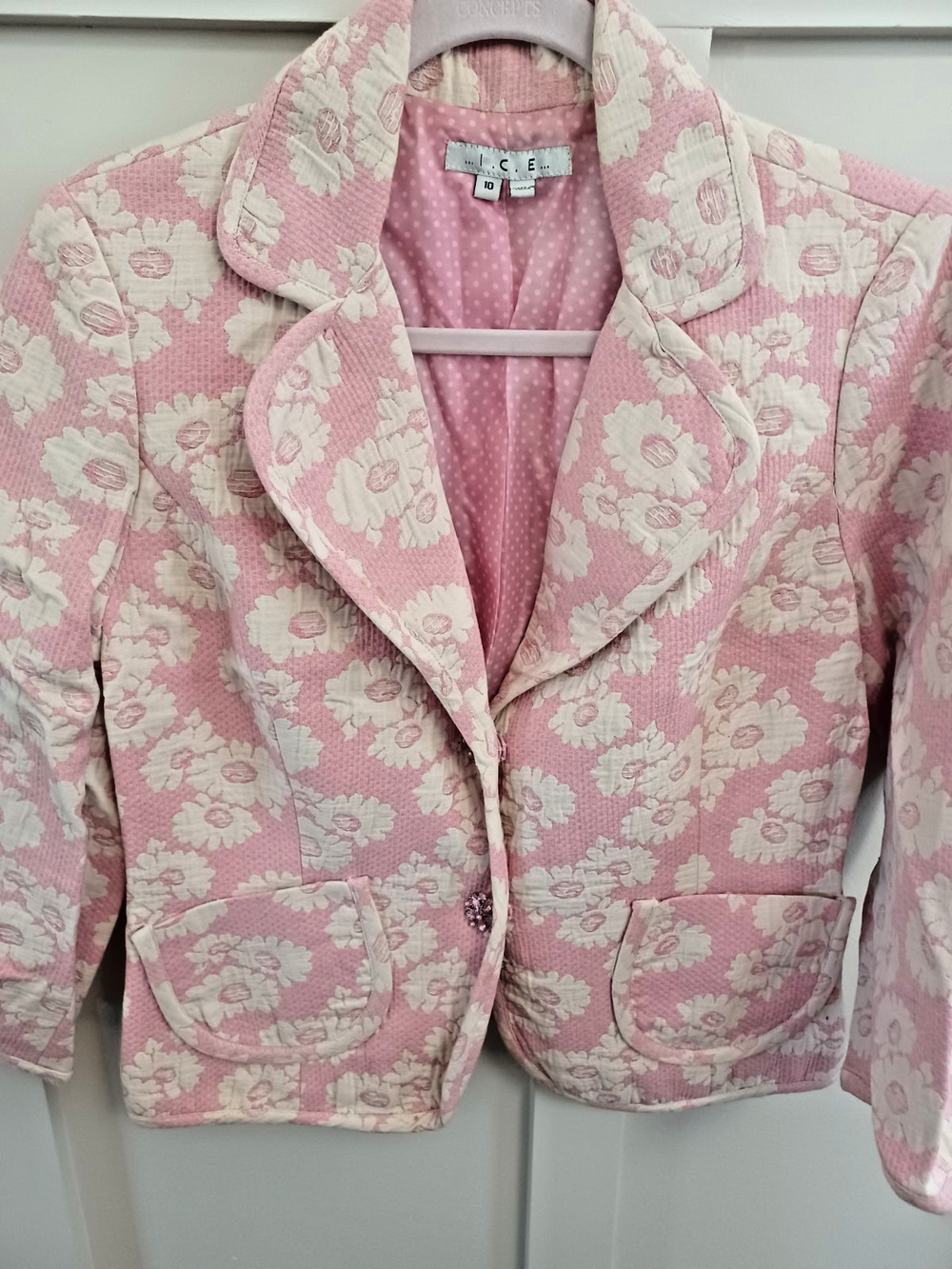 ICE Pink Floral Cotton VINTAGE Blazer Rhinestone Buttons Polka Dot Lining SZ 10